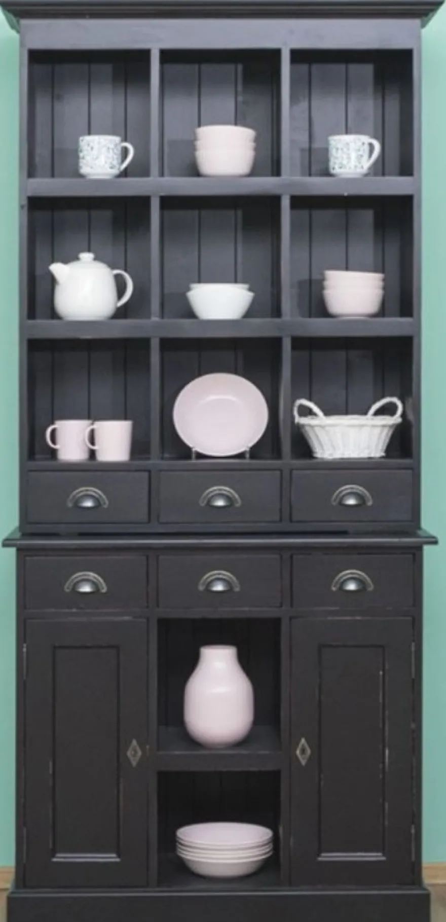 Casa Padrino Landhausstil Schrank Antik Schwarz 97 x 40 x H. 210 cm - Massivholz Regalschrank mit 2 Türen und 6 Schubladen - Möbel im Landhausstil