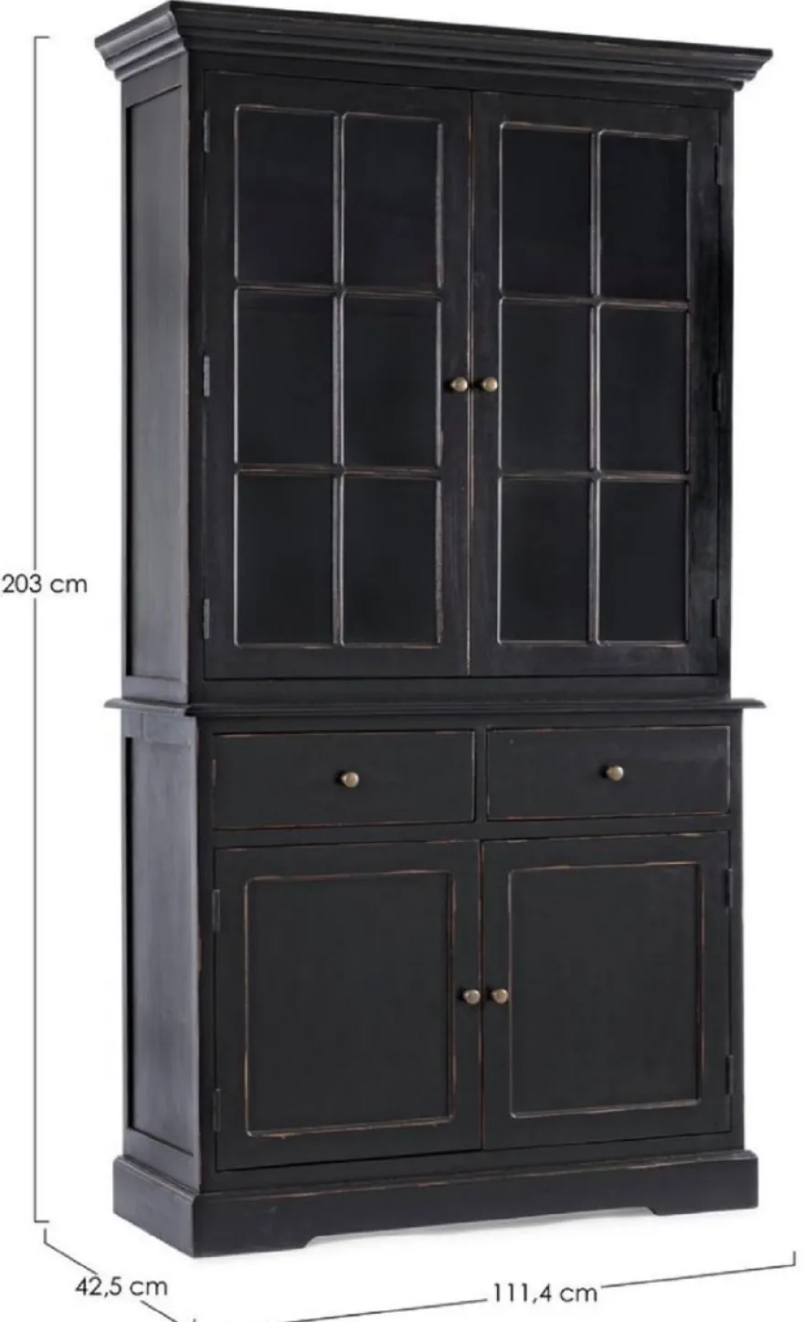 Casa Padrino Landhausstil Schrank Antik Schwarz 111,4 x 42,5 x H. 203 cm - Landhausstil Esszimmerschrank mit 4 Türen und 2 Schubladen - Landhausstil Vitrine - Landhausstil Esszimmer Möbel