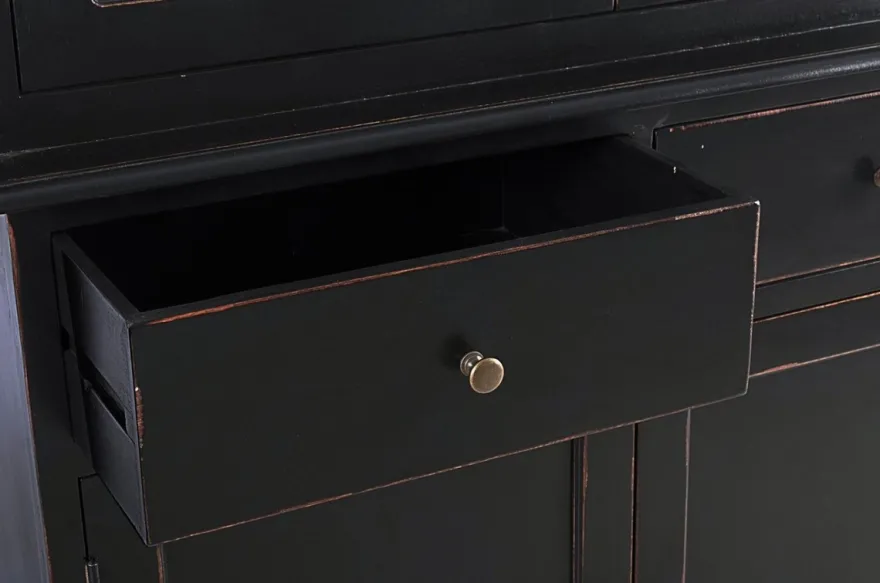 Casa Padrino Landhausstil Schrank Antik Schwarz 111,4 x 42,5 x H. 203 cm - Landhausstil Esszimmerschrank mit 4 Türen und 2 Schubladen - Landhausstil Vitrine - Landhausstil Esszimmer Möbel