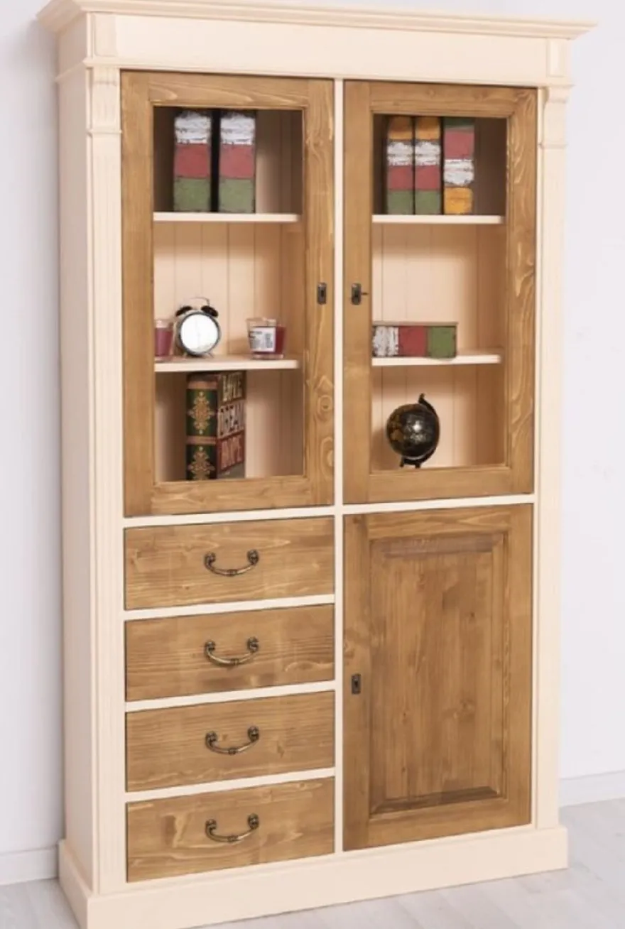 Casa Padrino Landhausstil Schrank Creme / Braun 120 x 39 x H. 197 cm - Landhausstil Esszimmer Schrank - Landhausstil Vitrinenschrank - Massivholz Möbel - Landhausstil Möbel