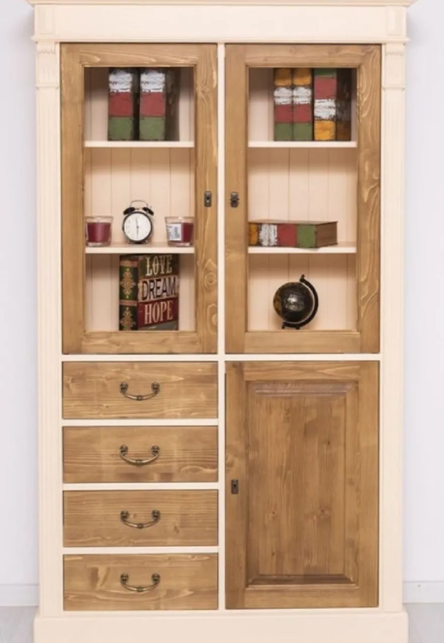 Casa Padrino Landhausstil Schrank Creme / Braun 120 x 39 x H. 197 cm - Landhausstil Esszimmer Schrank - Landhausstil Vitrinenschrank - Massivholz Möbel - Landhausstil Möbel