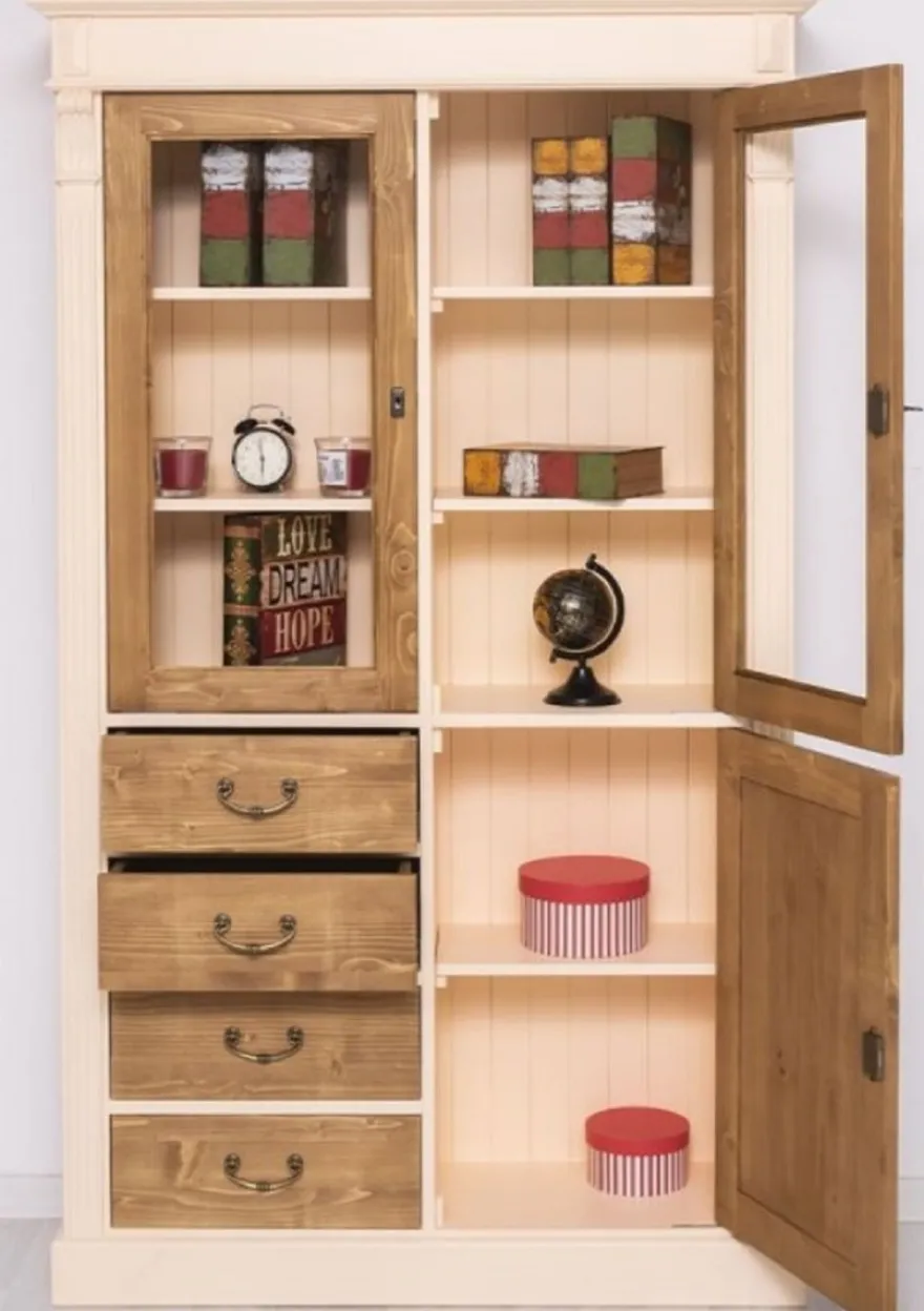 Casa Padrino Landhausstil Schrank Creme / Braun 120 x 39 x H. 197 cm - Landhausstil Esszimmer Schrank - Landhausstil Vitrinenschrank - Massivholz Möbel - Landhausstil Möbel