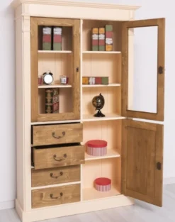Casa Padrino Landhausstil Schrank Creme / Braun 120 x 39 x H. 197 cm - Landhausstil Esszimmer Schrank - Landhausstil Vitrinenschrank - Massivholz Möbel - Landhausstil Möbel