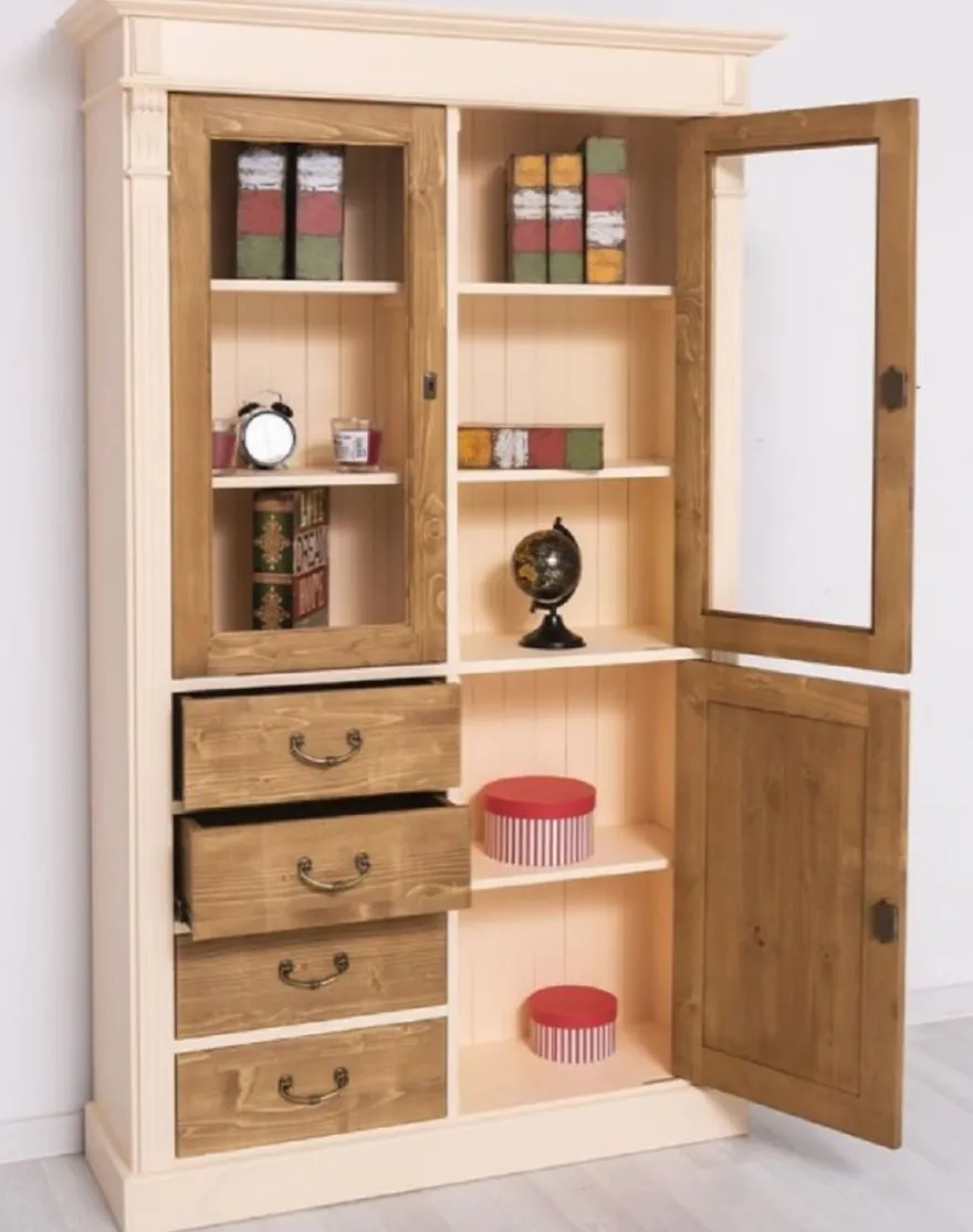 Casa Padrino Landhausstil Schrank Creme / Braun 120 x 39 x H. 197 cm - Landhausstil Esszimmer Schrank - Landhausstil Vitrinenschrank - Massivholz Möbel - Landhausstil Möbel