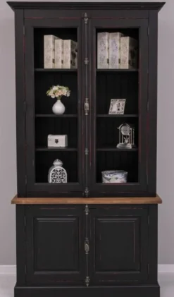 Casa Padrino Landhausstil Schrank Schwarz / Rot / Braun 120 x 50 x H. 228 cm - Massivholz Vitrine - Landhausstil Massivholz Möbel
