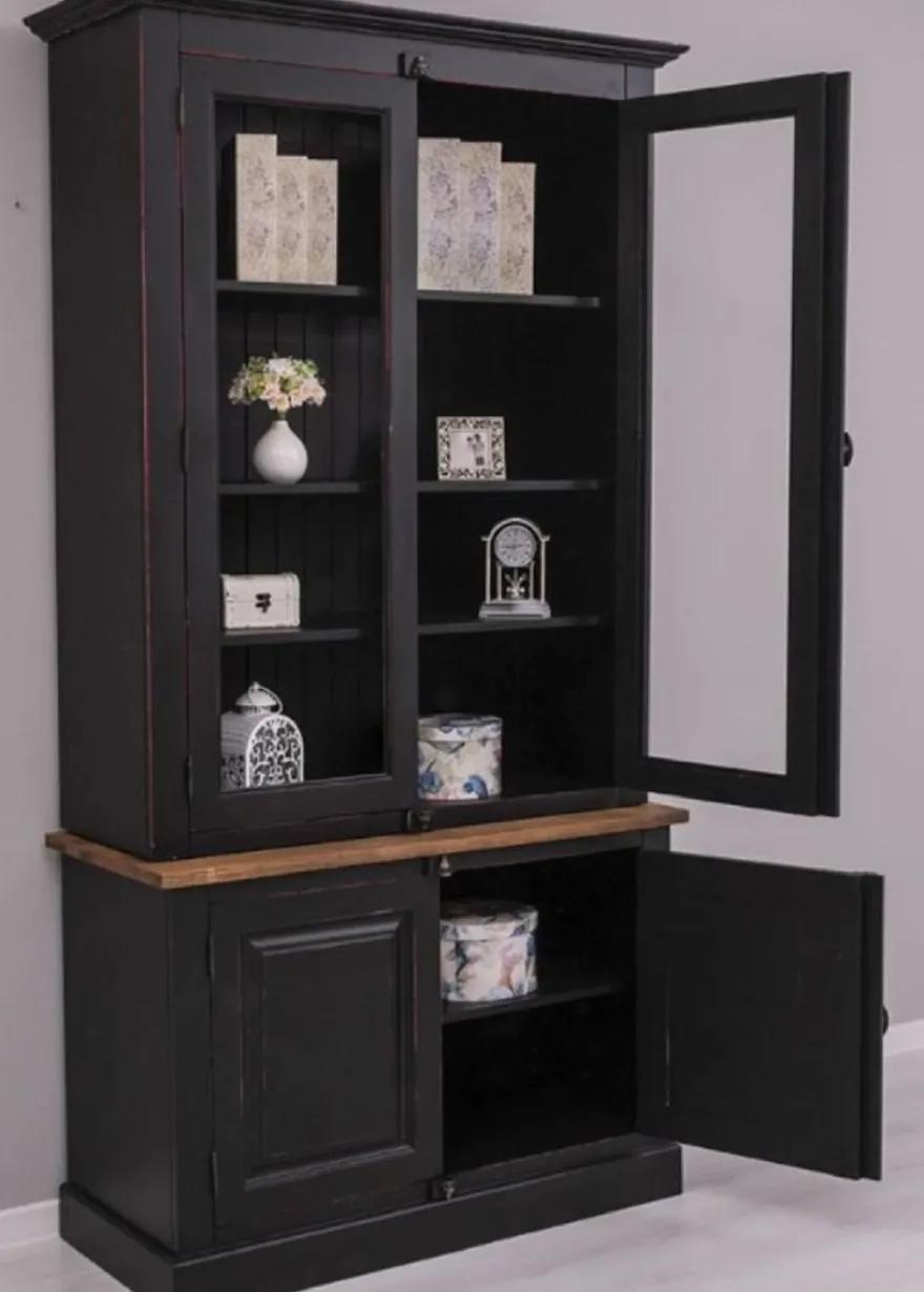 Casa Padrino Landhausstil Schrank Schwarz / Rot / Braun 120 x 50 x H. 228 cm - Massivholz Vitrine - Landhausstil Massivholz Möbel