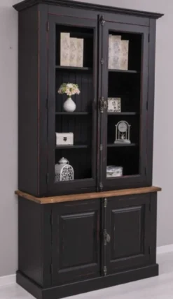 Casa Padrino Landhausstil Schrank Schwarz / Rot / Braun 120 x 50 x H. 228 cm - Massivholz Vitrine - Landhausstil Massivholz Möbel