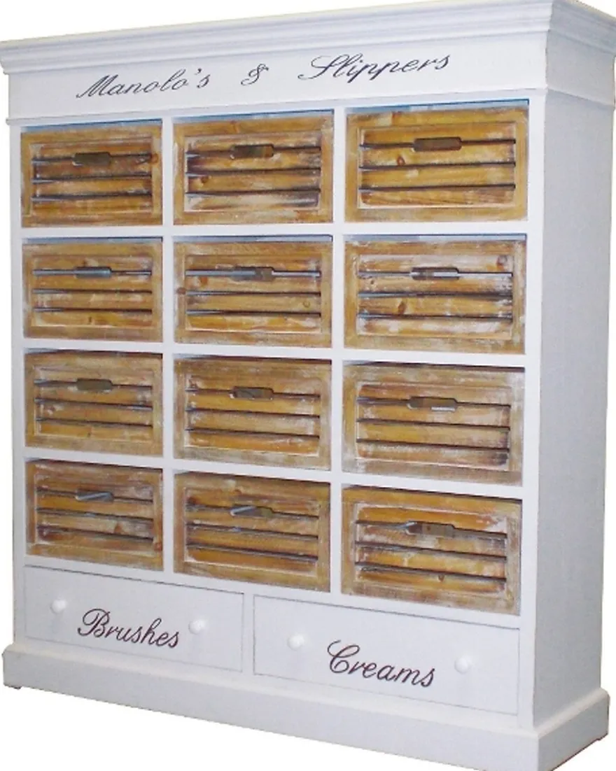 Casa Padrino Landhausstil Schuhschrank 12 Körbe & 2 Schubladen Antik Weiß / Naturfarben 120 x 34 x 131 cm