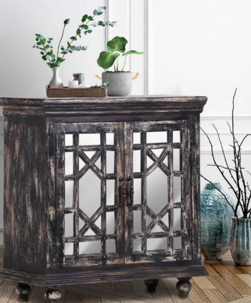 Casa Padrino Landhausstil Schrank Vintage Schwarz 90 x 43 x H. 100 cm - Massivholz Schrank mit 2 verspiegelten Türen - Landhausstil Möbel