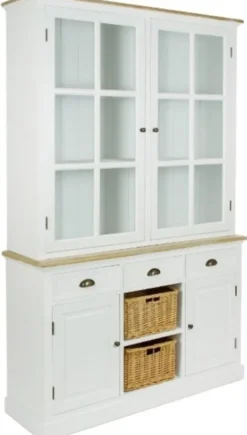 Casa Padrino Landhausstil Schrank Vitrine mit 2 Glastüren, 2 Rattankörben, antik weiß / naturfarben, 123 x 32 x H. 200 cm