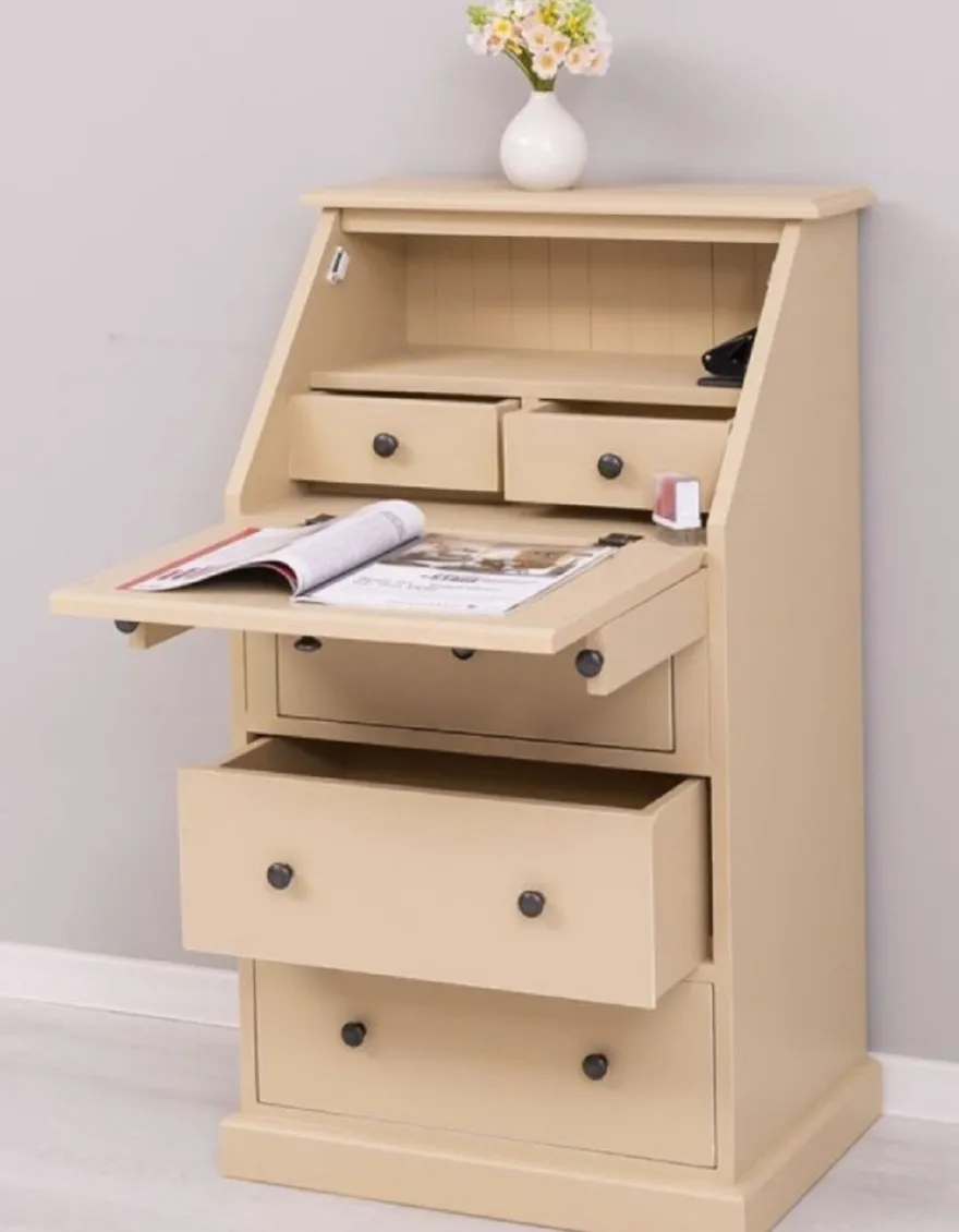 Casa Padrino Landhausstil Sekretär Kommode Beige 65 x 45 x H. 110 cm - Massivholz Schrank mit 5 Schubladen - Massivholz Möbel - Landhausstil Möbel
