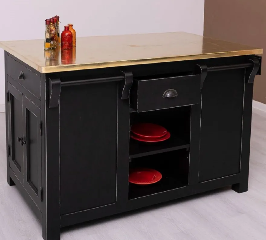 Casa Padrino Landhausstil Shabby Chic Kücheninsel mit verzinkter Tischplatte Antik Schwarz / Gold 135 x 85 x H. 90 cm - Massivholz Esszimmerschrank - Esszimmer Möbel im Landhausstil