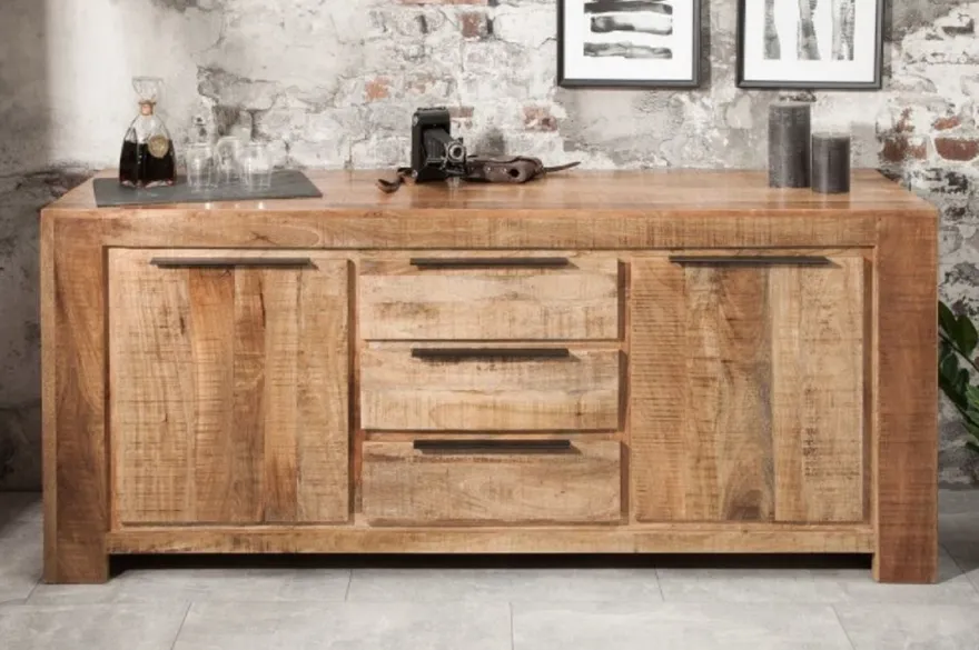 Casa Padrino Landhausstil Sideboard Naturfarben 175 x 50 x H. 76 cm - Massivholz Schrank mit 2 Türen und 3 Schubladen - Wohnzimmer Möbel