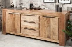 Casa Padrino Landhausstil Sideboard Naturfarben 175 x 50 x H. 76 cm - Massivholz Schrank mit 2 Türen und 3 Schubladen - Wohnzimmer Möbel