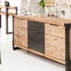 Casa Padrino Landhausstil Sideboard Naturfarben / Grau / Anthrazit 180 x 45 x H. 80 cm - Massivholz Schrank mit 2 Türen und 3 Schubladen - Wohnzimmer Möbel
