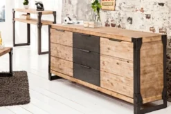 Casa Padrino Landhausstil Sideboard Naturfarben / Grau / Anthrazit 180 x 45 x H. 80 cm - Massivholz Schrank mit 2 Türen und 3 Schubladen - Wohnzimmer Möbel