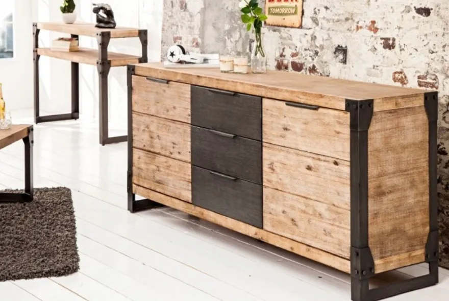 Casa Padrino Landhausstil Sideboard Naturfarben / Grau / Anthrazit 180 x 45 x H. 80 cm - Massivholz Schrank mit 2 Türen und 3 Schubladen - Wohnzimmer Möbel