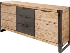 Casa Padrino Landhausstil Sideboard Naturfarben / Grau / Anthrazit 180 x 45 x H. 80 cm - Massivholz Schrank mit 2 Türen und 3 Schubladen - Wohnzimmer Möbel
