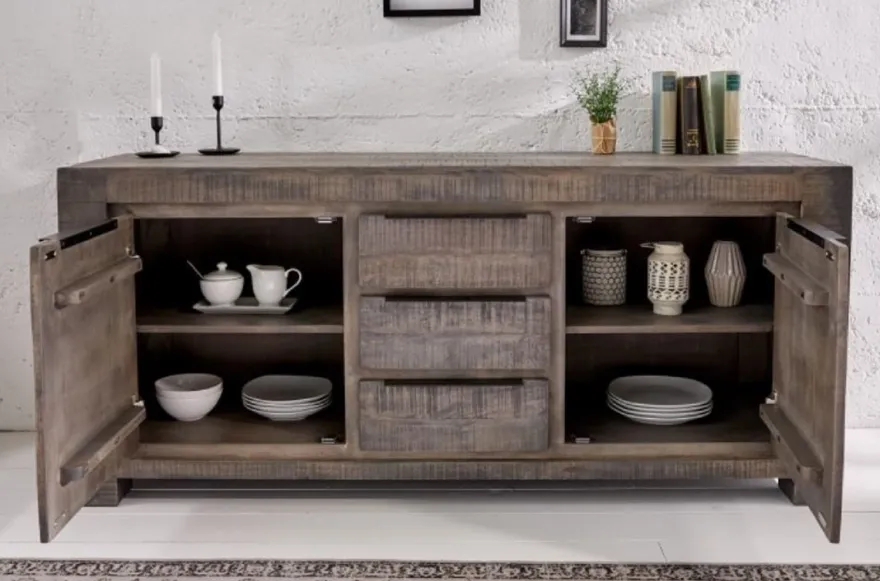 Casa Padrino Landhausstil Sideboard Grau 175 x 50 x H. 76 cm - Massivholz Schrank mit 2 Türen und 3 Schubladen - Wohnzimmer Möbel