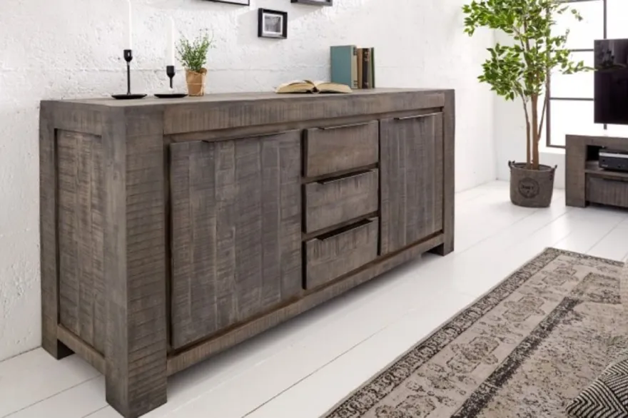 Casa Padrino Landhausstil Sideboard Grau 175 x 50 x H. 76 cm - Massivholz Schrank mit 2 Türen und 3 Schubladen - Wohnzimmer Möbel