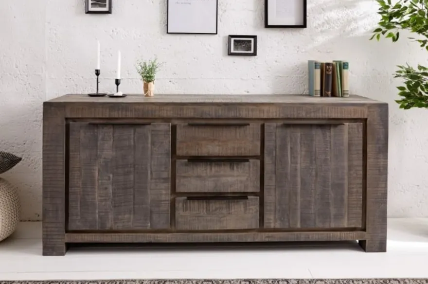 Casa Padrino Landhausstil Sideboard Grau 175 x 50 x H. 76 cm - Massivholz Schrank mit 2 Türen und 3 Schubladen - Wohnzimmer Möbel