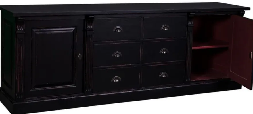 Casa Padrino Landhausstil Sideboard Antik Schwarz / Lila 219 x 51 x H. 78 cm - Massivholz Schrank mit 2 Türen und 6 Schubladen - Landhausstil Massivholz Möbel