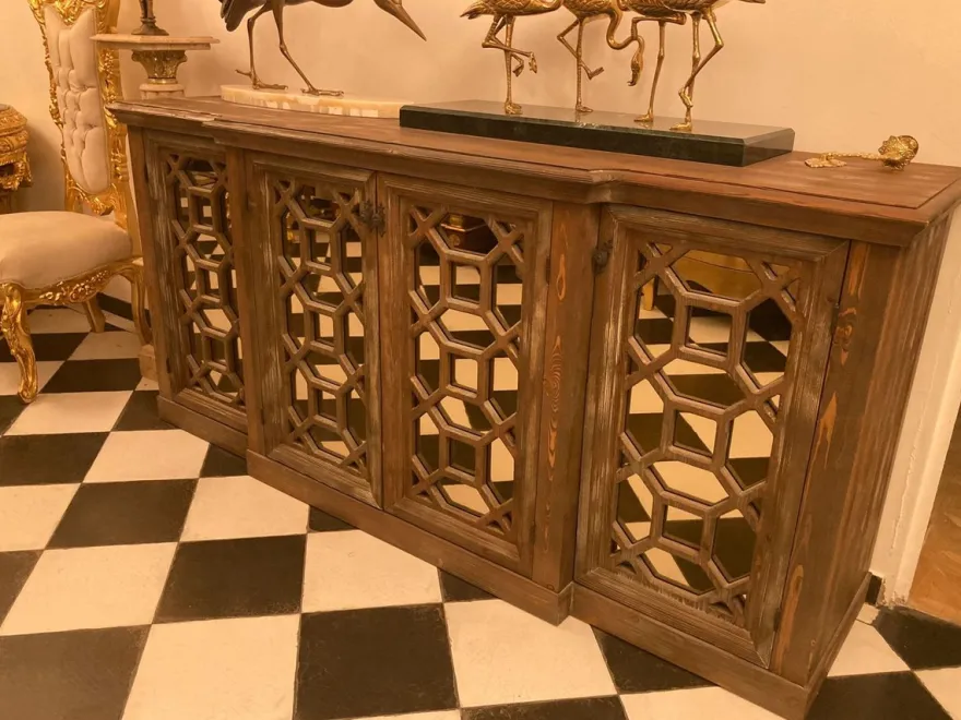 Casa Padrino Landhausstil Sideboard Antik Braun 210 x 50 x H. 100 cm - Massivholz Schrank mit 4 verspiegelten Türen - Landhausstil Möbel