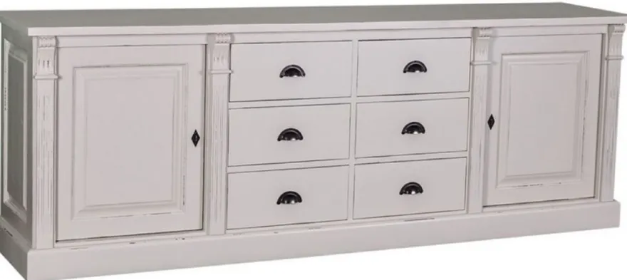 Casa Padrino Landhausstil Sideboard Antik Grau / Cremefarben 219 x 51 x H. 78 cm - Massivholz Schrank mit 2 Türen und 6 Schubladen - Landhausstil Massivholz Möbel