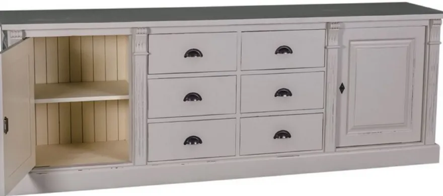 Casa Padrino Landhausstil Sideboard Antik Grau / Cremefarben 219 x 51 x H. 78 cm - Massivholz Schrank mit 2 Türen und 6 Schubladen - Landhausstil Massivholz Möbel