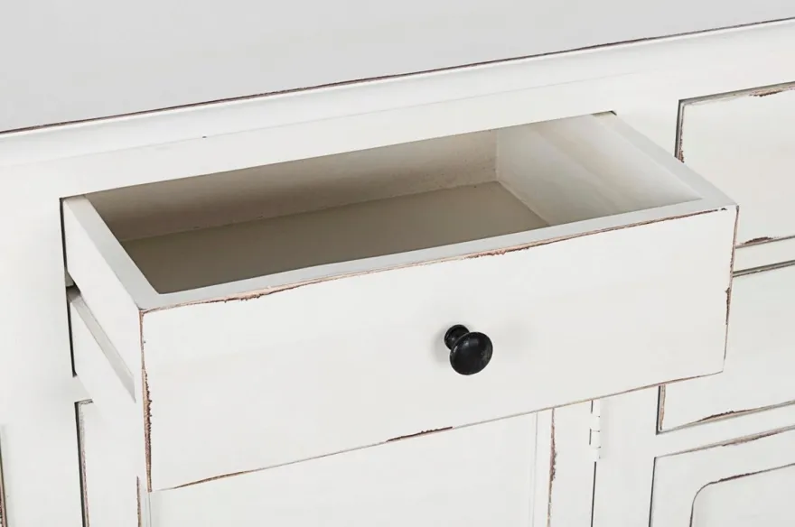 Casa Padrino Landhausstil Sideboard Antik Weiß 145 x 40 x H. 85 cm - Landhausstil Schrank mit 3 Türen und 5 Schubladen - Landhausstil Möbel - Landhausstil Einrichtung