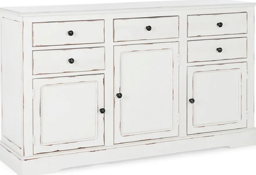 Casa Padrino Landhausstil Sideboard Antik Weiß 145 x 40 x H. 85 cm - Landhausstil Schrank mit 3 Türen und 5 Schubladen - Landhausstil Möbel - Landhausstil Einrichtung