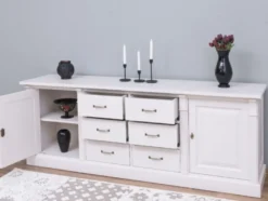 Casa Padrino Landhausstil Sideboard Weiß 219 x 51 x H. 78 cm - Massivholz Schrank mit 2 Türen und 6 Schubladen - Landhausstil Massivholz Möbel