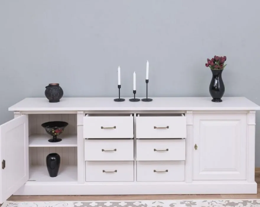 Casa Padrino Landhausstil Sideboard Weiß 219 x 51 x H. 78 cm - Massivholz Schrank mit 2 Türen und 6 Schubladen - Landhausstil Massivholz Möbel