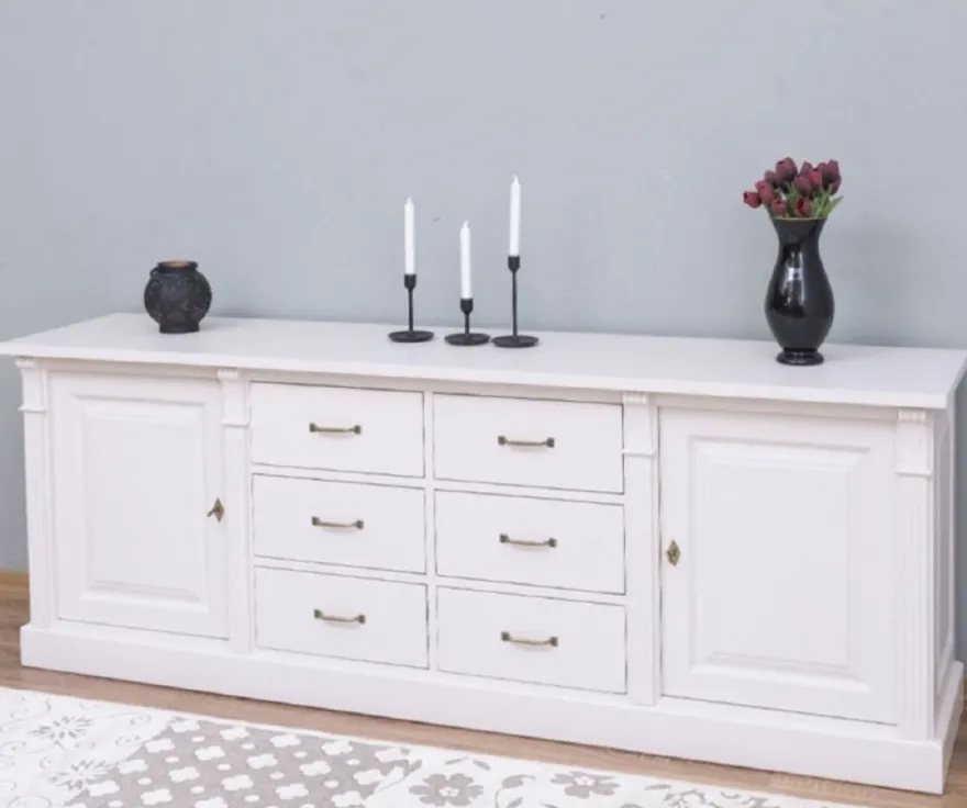 Casa Padrino Landhausstil Sideboard Weiß 219 x 51 x H. 78 cm - Massivholz Schrank mit 2 Türen und 6 Schubladen - Landhausstil Massivholz Möbel