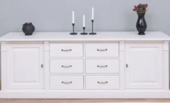 Casa Padrino Landhausstil Sideboard Weiß 219 x 51 x H. 78 cm - Massivholz Schrank mit 2 Türen und 6 Schubladen - Landhausstil Massivholz Möbel