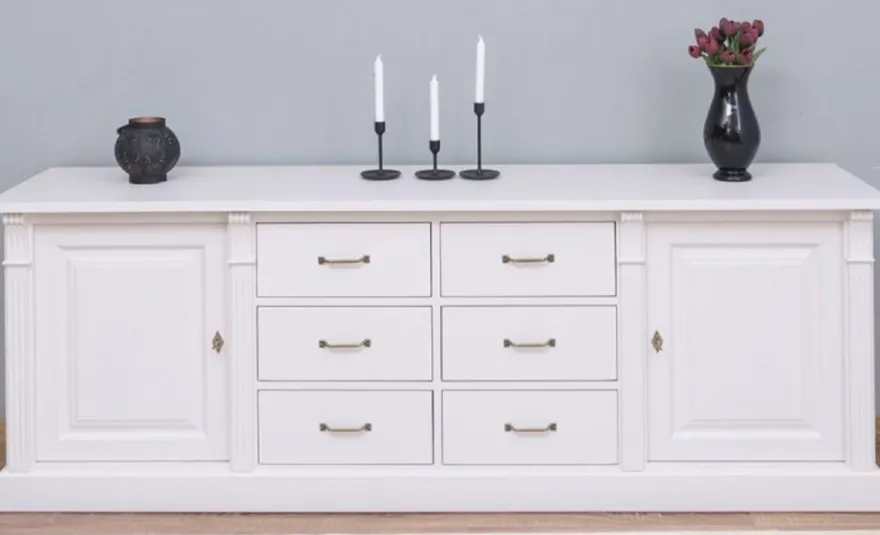 Casa Padrino Landhausstil Sideboard Weiß 219 x 51 x H. 78 cm - Massivholz Schrank mit 2 Türen und 6 Schubladen - Landhausstil Massivholz Möbel
