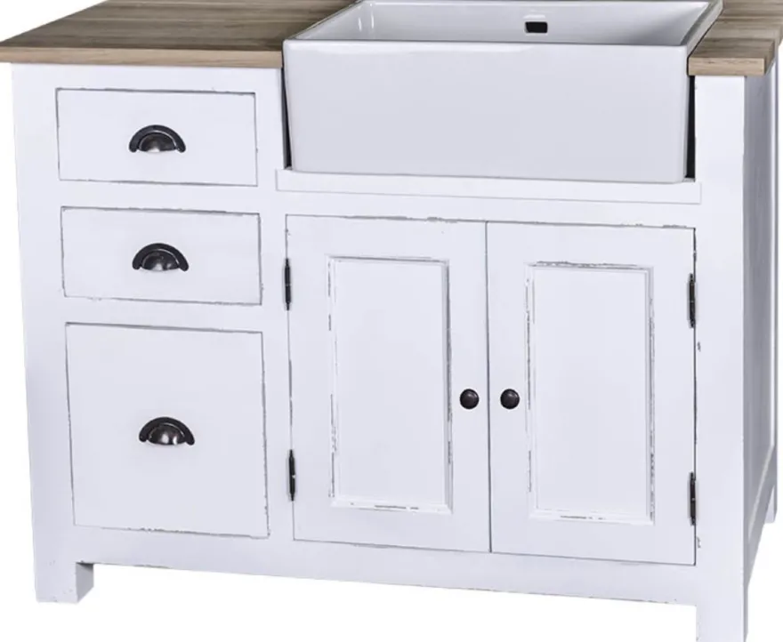 Casa Padrino Landhausstil Spülenschrank mit 2 Türen und 3 Schubladen Antik Weiß / Naturfarben 118 x 65 x H. 90 cm - Shabby Chic Küchenmöbel