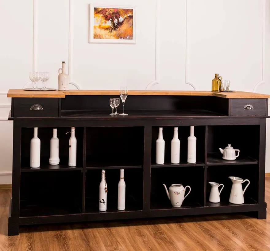 Casa Padrino Landhausstil Thekenschrank Antik Schwarz / Naturfarben 240 x 65 x H. 107 cm - Ladentheke mit Schubladen und Ablagefächer