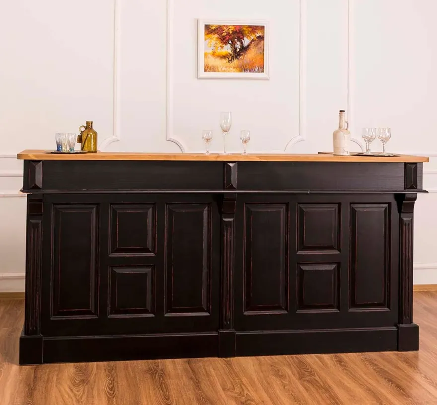 Casa Padrino Landhausstil Thekenschrank Antik Schwarz / Naturfarben 240 x 65 x H. 107 cm - Ladentheke mit Schubladen und Ablagefächer