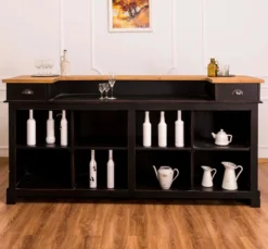 Casa Padrino Landhausstil Thekenschrank Antik Schwarz / Naturfarben 240 x 65 x H. 107 cm - Ladentheke mit Schubladen und Ablagefächer