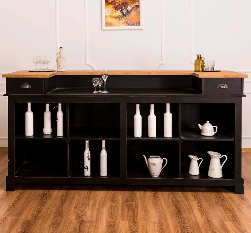 Casa Padrino Landhausstil Thekenschrank Antik Schwarz / Naturfarben 240 x 65 x H. 107 cm - Ladentheke mit Schubladen und Ablagefächer