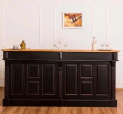 Casa Padrino Landhausstil Thekenschrank Antik Schwarz / Naturfarben 240 x 65 x H. 107 cm - Ladentheke mit Schubladen und Ablagefächer