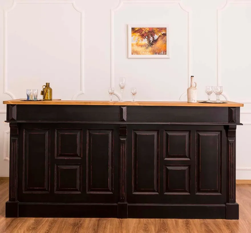 Casa Padrino Landhausstil Thekenschrank Antik Schwarz / Naturfarben 240 x 65 x H. 107 cm - Ladentheke mit Schubladen und Ablagefächer