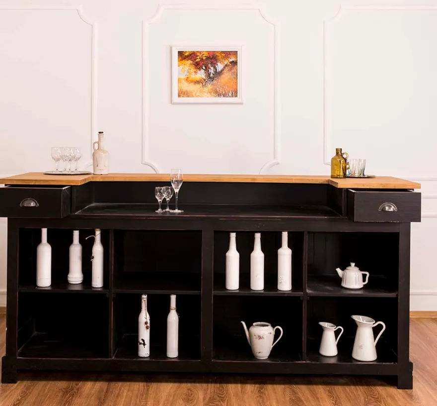 Casa Padrino Landhausstil Thekenschrank Antik Schwarz / Naturfarben 240 x 65 x H. 107 cm - Ladentheke mit Schubladen und Ablagefächer