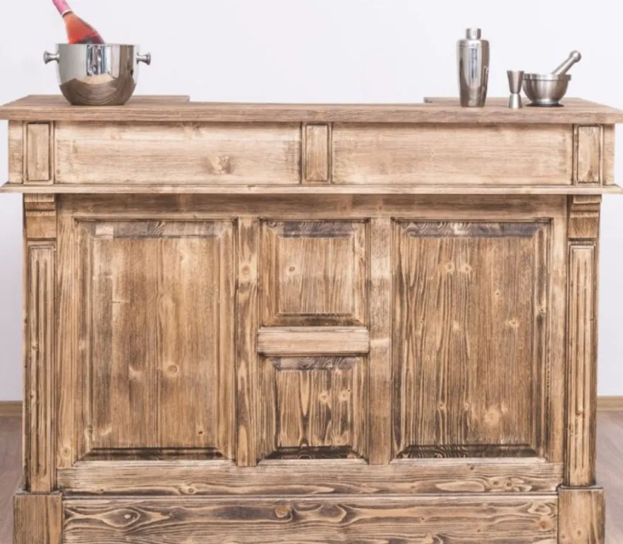 Casa Padrino Landhausstil Theke Braun 150 x 65 x H. 107 cm - Massivholz Thekentisch mit Tür und 2 Schubladen - Barmöbel im Landhausstil
