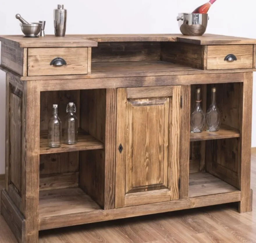 Casa Padrino Landhausstil Theke Braun 150 x 65 x H. 107 cm - Massivholz Thekentisch mit Tür und 2 Schubladen - Barmöbel im Landhausstil