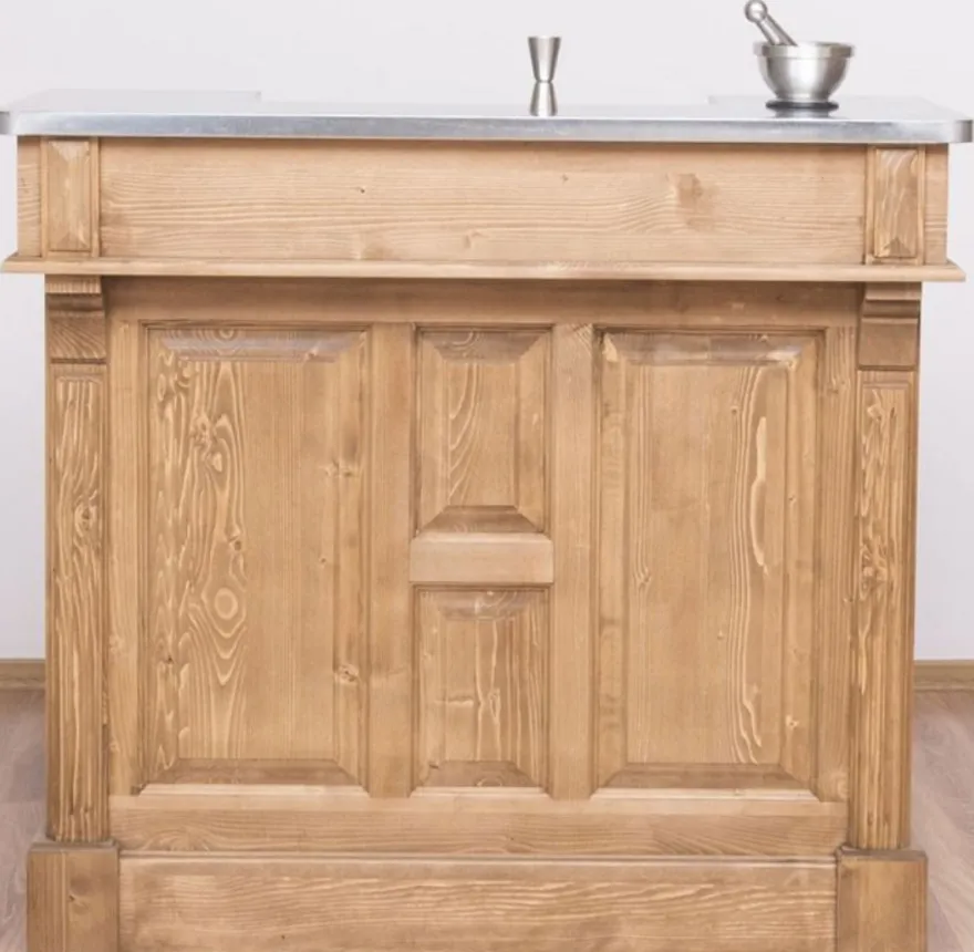 Casa Padrino Landhausstil Theke Naturfarben / Silber 120 x 65 x H. 107 cm - Massivholz Thekentisch mit verzinkter Tischplatte - Barmöbel im Landhausstil