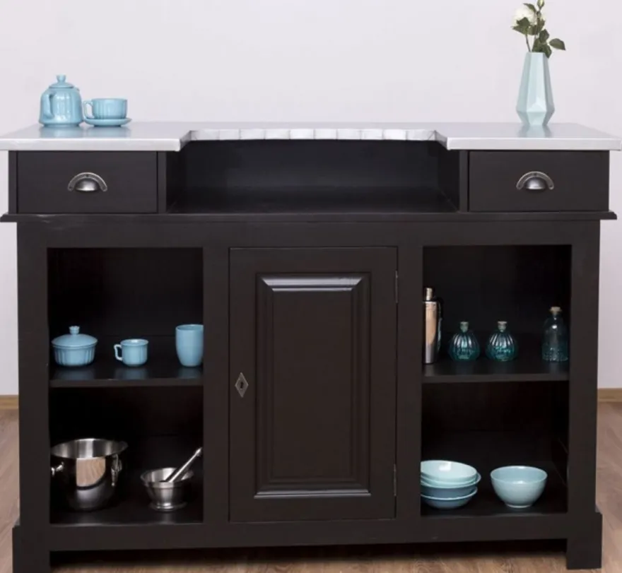 Casa Padrino Landhausstil Theke Schwarz / Silber 150 x 65 x H. 107 cm - Massivholz Thekentisch mit verzinkter Tischplatte - Barmöbel im Landhausstil