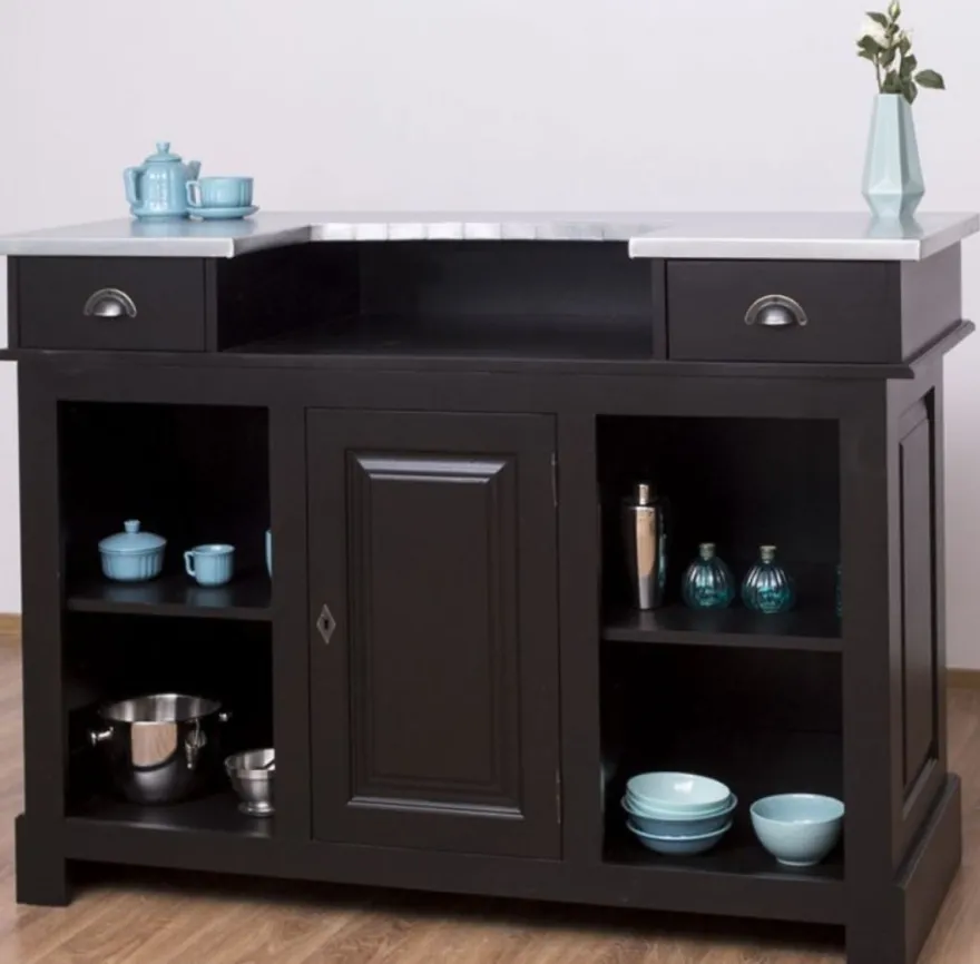 Casa Padrino Landhausstil Theke Schwarz / Silber 150 x 65 x H. 107 cm - Massivholz Thekentisch mit verzinkter Tischplatte - Barmöbel im Landhausstil