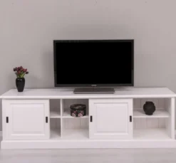 Casa Padrino Landhausstil TV Schrank Weiß 230 x 46 x H. 70 cm - Massivholz Sideboard - Landhausstil Wohnzimmer Möbel